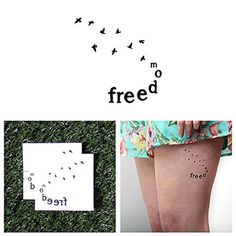 there are two pictures with words on them and birds in the sky, one is free