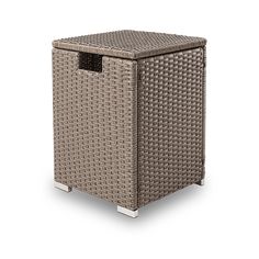 an outdoor wicker trash can with the lid open and one side opened, on a white background