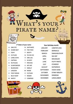 a pirate themed birthday party game with an image of a pirate ship and the words, what's your pirate name?