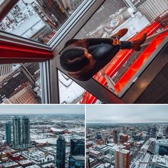 a woman standing on top of a tall building