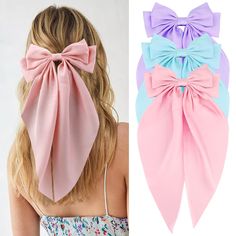 PRICES MAY VARY. ❤️ 3 Colors: 3 different colors make them easy to match your outfit, nice and strong, grip hair really well, good for keeping your hair tidy and making you look elegant. ❤️ Amazing Material：Hair bows barrettes made from metal french clips and feature decorative silky satin fabric with long tail, soft and durable, cute bow and long tail, It can be matched with any sweet girls's costume. Not only can it be used as a hair clip, but also as a DIY accessories. ❤️ Great Size Big Bow H Hair Bows For Women, Blue Hair Bows, Big Hair Bows, Pink Hair Bows, Thick Curly Hair, Bows Hair, Hair Ribbons, Hair Accessories Clips, Bow Hair Accessories