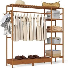 a wooden rack with clothes and shoes on it