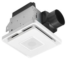 a white ceiling fan with a black exhaust light on it's side and an open ventilator