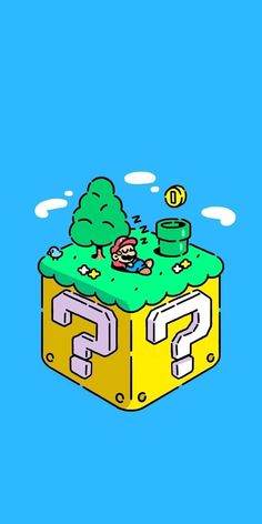 an image of a cartoon character floating in the air on top of a yellow box