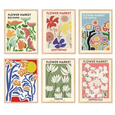 four flower market posters in different colors and sizes, each with flowers on the front