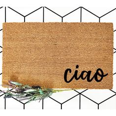 a door mat with the word ciao written on it next to a small plant