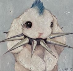 a painting of a white rabbit with spikes on its back's head and eyes