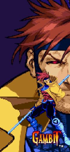 the game character is looking at something with red hair and an evil look on his face