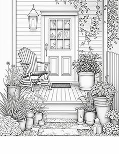 a black and white drawing of a porch with chairs, potted plants and flowers