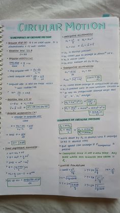 a notebook with some writing on it and an image of a circular motion chart in the middle