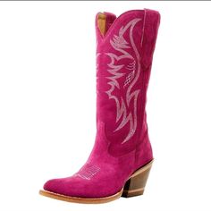 Womens Pink Mid-Calf Cowgirl Boots Slip-On Silver Suede Boots With Round Toe, Silver Suede Round Toe Boots, Pink Cowboy Boots, Pink Cowboy, Cowgirl Boots, Shoes Heels Boots, Sweet 16, Dark Pink, Mid Calf