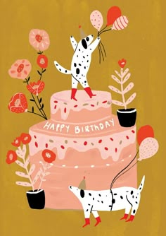 a dog is standing on top of a pink birthday cake with flowers and balloons in the air