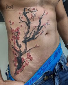 Tattoo Japanese Tattoo Back Men, Tree Tattoo Side Rib Cage, God Of Nature Tattoo, Sakura Tree Tattoo Men, Sakura Hand Tattoo, Men Plant Tattoo, Tree Tattoos Men, Japanese Tree Tattoo, Sakura Tree Tattoo