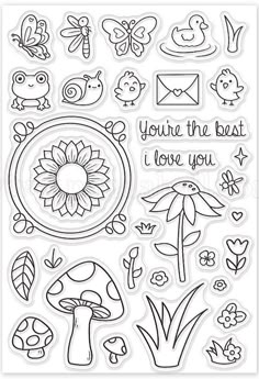 the clear stamp set is shown with various images and words on it, including flowers, mushrooms