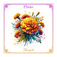 a bouquet of flowers on a white background with the word october written in orange and pink