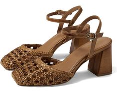 Brown Ankle Tie Sandals With Wrapped Heel, Casual Strap Heels For Spring, Chic Ankle Strap Heels With Woven Leather, Brown Ankle Tie Sandals For Spring, Chic Heels With Woven Sole And Ankle Strap, Chic Heels With Ankle Strap And Woven Sole, Chic Ankle Strap Heels With Woven Sole, Spring Woven Leather High Heels, Adjustable Heels With Woven Sole For Spring