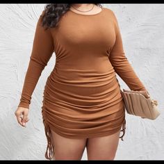 Brand New Tan/Brown Side String Dress. Perfect For Fall. Its Stretchy And Comfortable. Plus Size Going Out Outfits, String Dress, Plus Size Elegant Dresses, Plus Size Summer Tops, Curvy Model, Plus Size Models, Stretchy Dress, Short Dresses Casual, Shein Dresses