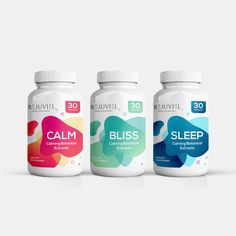 three bottles of calm and sleep capsules on a white background with the label removed