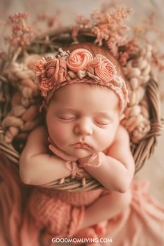 Newborn baby girl peacefully sleeping in a woven basket, adorned with a floral headband and surrounded by soft, textured fabrics. Middle Names For Girls List, Name Combinations, Cool Middle Names