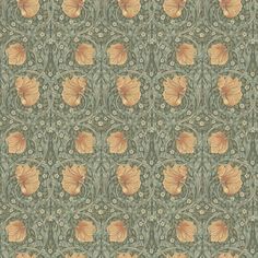 an intricately designed wallpaper with orange flowers on green and gold background, in the style of william & mary