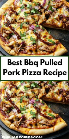 the best bbq pulled pork pizza recipe is shown with two slices missing from it