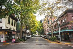 an empty street lined with buildings and trees