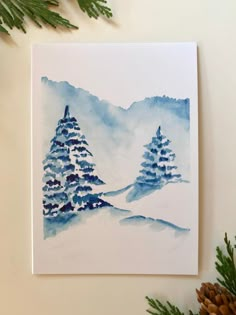 a watercolor painting of two trees in the snow with pine cones around it and evergreen branches