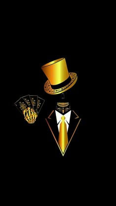 a golden top hat, tie and playing cards on a black background with gold accents