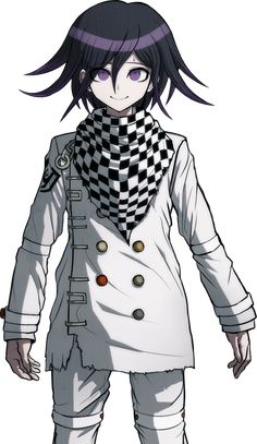 an anime character with black hair wearing a checkered scarf