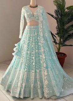 Beach Wedding Lehenga, Icy Blue Lehenga, Indian Chaniya Choli, Light Blue Lehenga, Lehenga Styles, Fancy Lehenga, Lehenga Dress, Ghaghra Choli, Georgette Lehenga