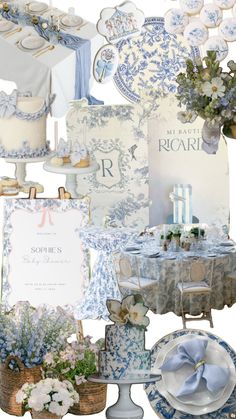 a collage of blue and white plates, napkins, flowers and other items