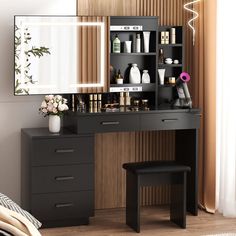 there is a vanity with a mirror and stool in front of the dresser, along with other items