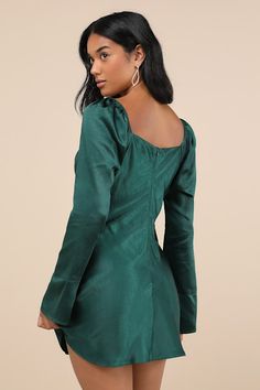 You'll be destined for fabulousness when you slip into the Lulus Sensational Fate Emerald Green Satin Cowl Neck Mini Dress for a night of drinks and dancing! Luxe stretch-woven satin shapes this effortlessly chic dress that features a flirty cowl neckline and long sleeves with elastic at the shoulders and unique flaring cuffs. The figure-skimming silhouette continues down to a subtle A-line skirt that ends at a cute mini hem. Hidden back zipper/clasp. Fit: This garment fits true to size. Length: Stretch Satin Party Dress, Party Silk Stretch Mini Dress, Silk Stretch Mini Dress For Party, Stretch Silk Mini Dress For Party, Stretch Silk Satin Party Dress, Silk Satin Stretch Dress For Parties, Stretch Silk Satin Dress For Party, Ruched Satin Mini Dress With Square Neck, Green Satin Square Neck Dress