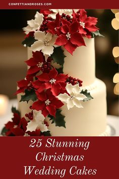 a wedding cake with red and white flowers on it