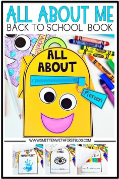 an all about me back to school book with markers and crayons on it