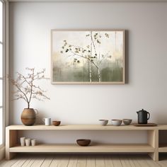 a painting hanging on the wall above a table with bowls and cups in front of it