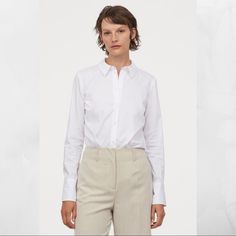 Women Nwt H&M White Button Down Long Sleeves Stretchy Shirt - Must Have For Every Base Or Capsule Wardrobe 000bl5 Slim Fit Button-up Top For Work, Casual Slim Fit Blouse For Business Casual, Slim Fit Blouse With Button Closure For Work, Slim Fit Tops With Button Cuffs For Work, Slim Fit Button-up Shirt For Workwear, Relaxed Fit Button-up Shirt For Office, Chic H&m Button-up Shirt, Relaxed Fit Shirt For Office, H&m Button-up Blouse With Button Closure