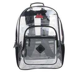 a clear backpack with black and white stripes