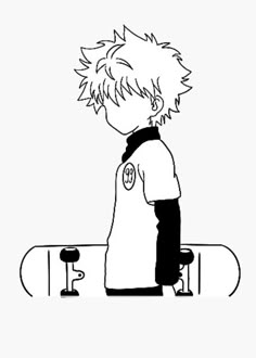 a black and white drawing of a boy sitting on a skateboard with his back to the camera