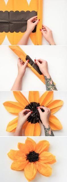 the process to make a paper flower is shown in three different stages, including one being cut