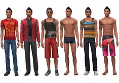 six male mannequins are standing side by side in different colors and sizes