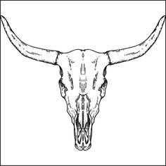 a bull's skull with long horns is shown in this black and white drawing