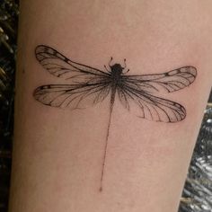 a black and white photo of a dragonfly tattoo