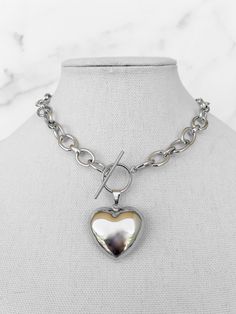 silver Chain Heart Pendant Necklace Chain Necklace Silver, Chain Heart, Silver Link Chain, Large Heart, Silver Heart Pendant, Link Chain Necklace, Puffy Heart, Pendant Silver, Dainty Necklace