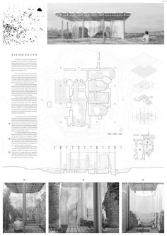 an architectural drawing shows the interior and exterior of a building, with several different views