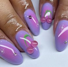 Cherry Nail Art, Hard Gel Nails, Airbrush Nails, Cherry Nails, Grunge Nails, Cute Acrylic Nail Designs, Nail Polish Art, Round Nails, Dream Nails