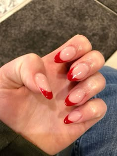 Nails With Red Dress Prom, Bright Red Nails French Tip, Red Prom Dress Nails Ideas, Bright Red French Tip Nails, Red French Tip Nails Almond, Dark Red French Tip, Thailand Nails, Homecoming Nails Red, Red French Tip Nails