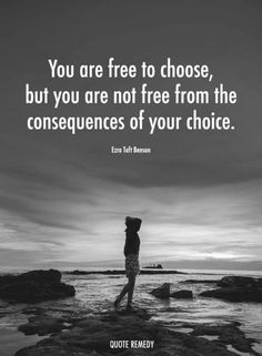 a person standing on rocks with the quote you are free to choose, but you are not free from the consequents of your choice