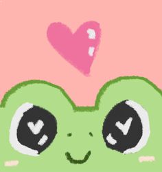 a drawing of a green frog with big eyes and a pink heart above its eyes