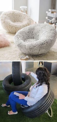 two pictures one with a dog bed and the other with a tire chair in it